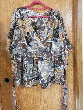 Metro 7 Floral Paisley Surplice Waist-Tie Top - Gray/Mustard/Blue Polyester